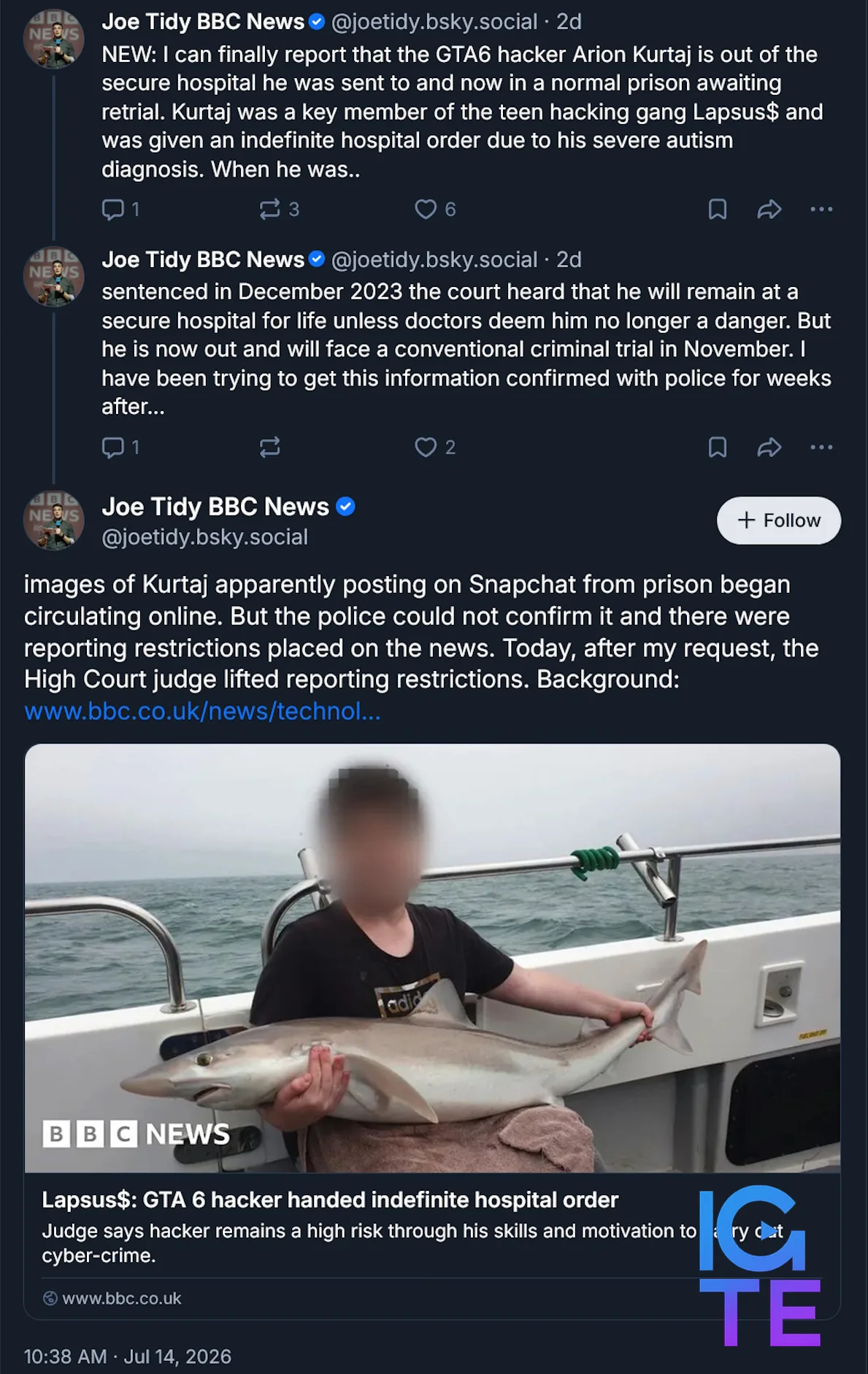 Допис Джо Тайді в Bluesky: NEW: I can finally report that the GTA6 hacker Arion Kurtaj is out of the secure hospital he was sent to and now in a normal prison awaiting retrial. Kurtaj was a key member of the teen hacking gang Lapsus$ and was given an indefinite hospital order due to his severe autism diagnosis. When he was..sentenced in December 2023 the court heard that he will remain at a secure hospital for life unless doctors deem him no longer a danger. But he is now out and will face a conventional criminal trial in November. I have been trying to get this information confirmed with police for weeks after...images of Kurtaj apparently posting on Snapchat from prison began circulating online. But the police could not confirm it and there were reporting restrictions placed on the news. Today, after my request, the High Court judge lifted reporting restrictions. Background: www.bbc.co.uk/news/technol...