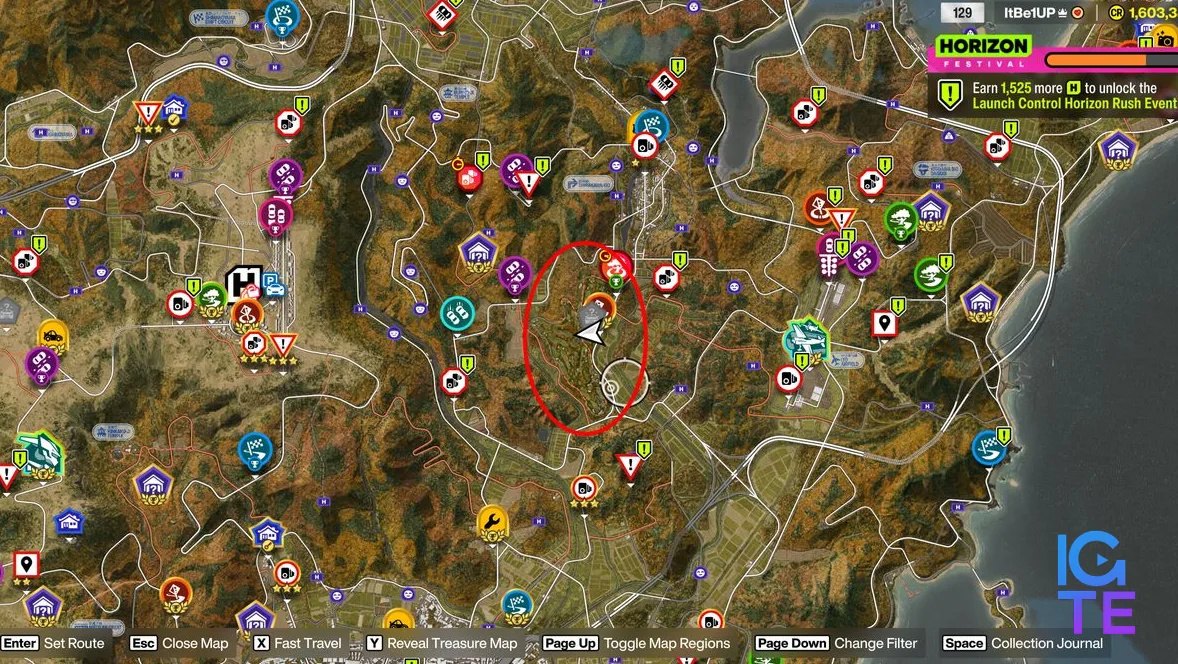 Forza Horizon 6 Naruo Golf Course: A screenshot of the map wiht a red oval marking the location of the golf course.
