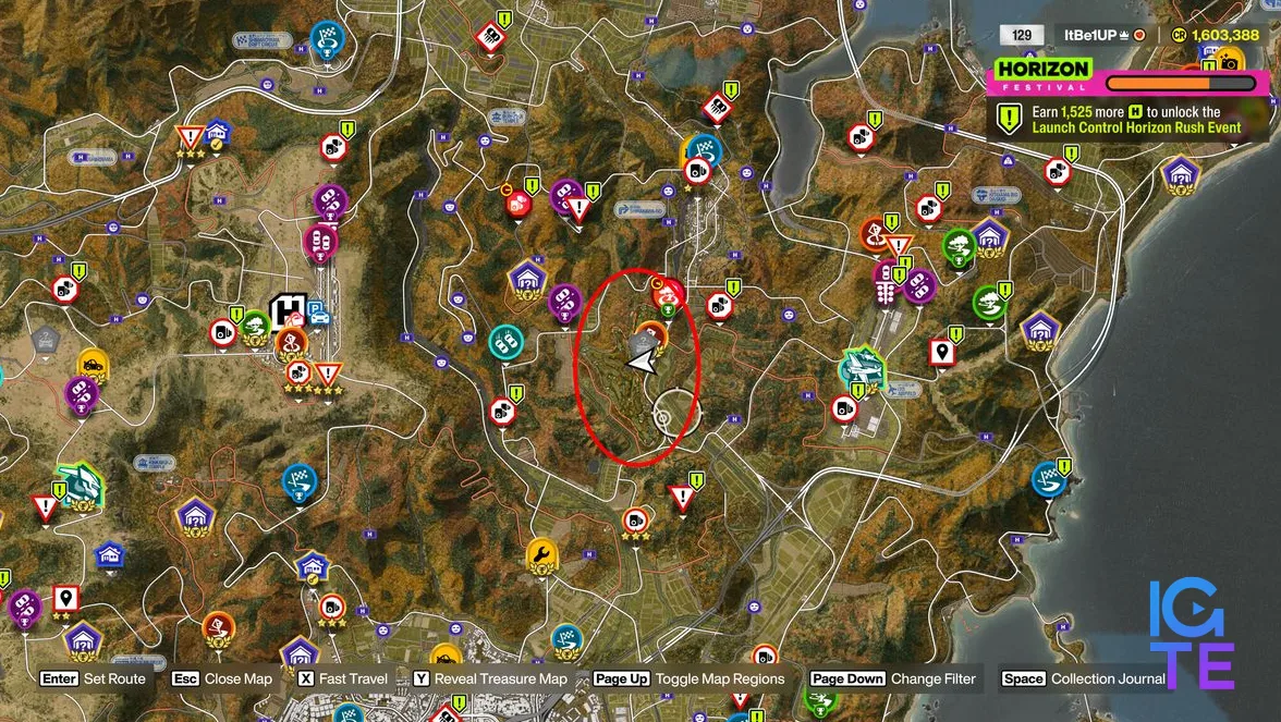 Forza Horizon 6 Naruo Golf Course: A screenshot of the map wiht a red oval marking the location of the golf course.