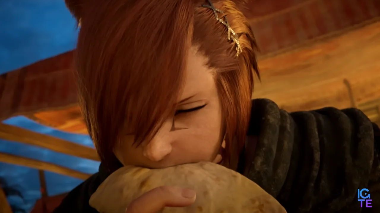Зображення G'raha Tia, рудоволосого міко'те, який кусає тако в трейлері Final Fantasy 14: Dawntrail.