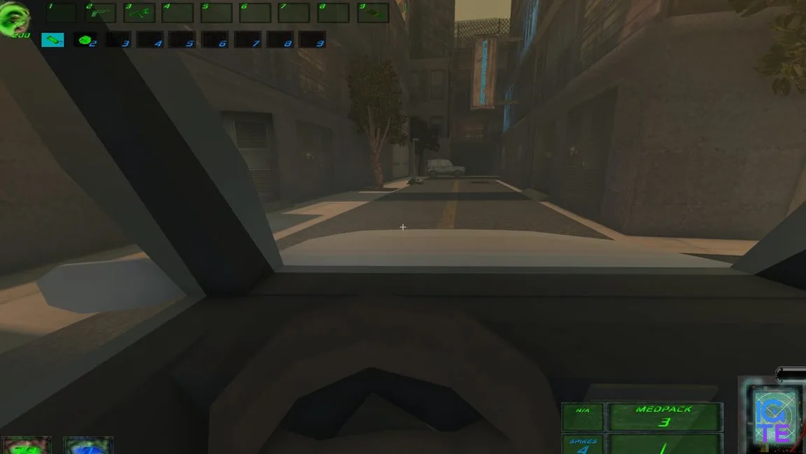 Driving a car.