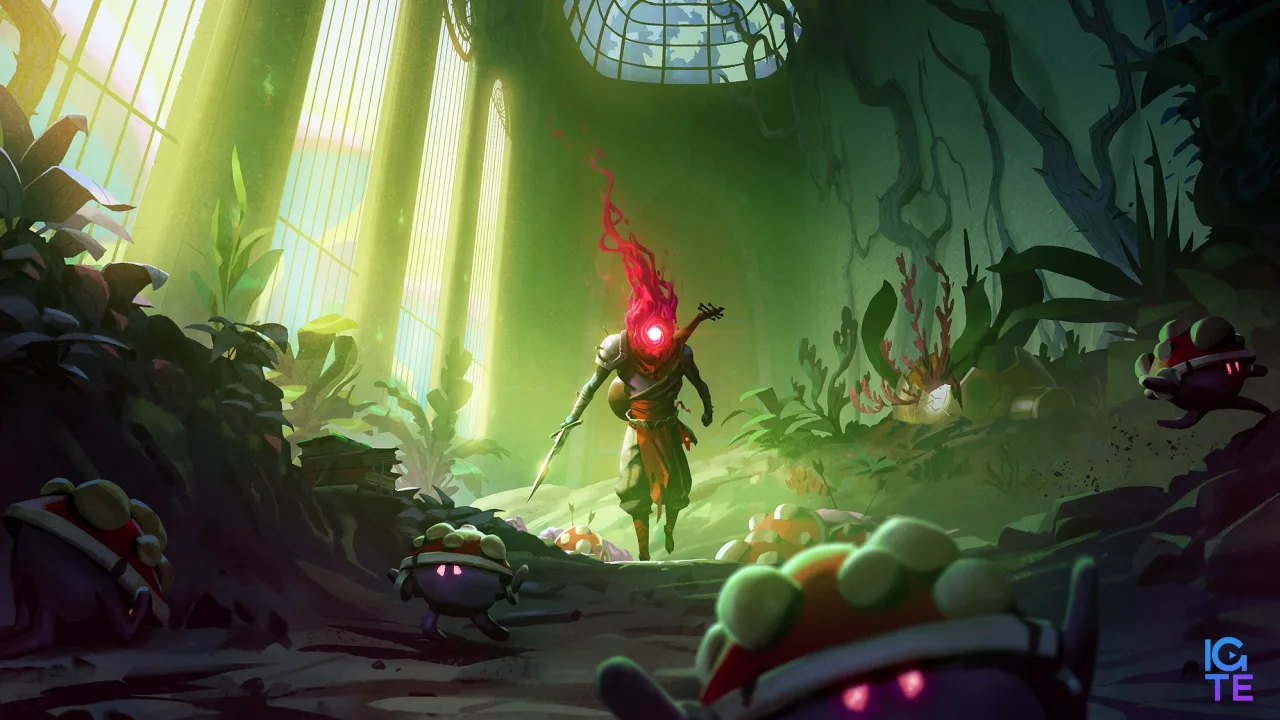 Ключовий арт доповнення Bad Seed для Dead Cells, де Безголовий крадеться крізь кімнату, повну чудовиськ-рослин.
