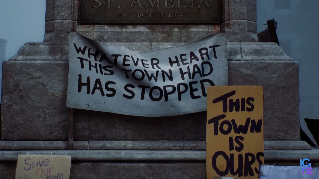 Silent Hill Townfall - Statue in St. Amelia's square with protest signs all around
