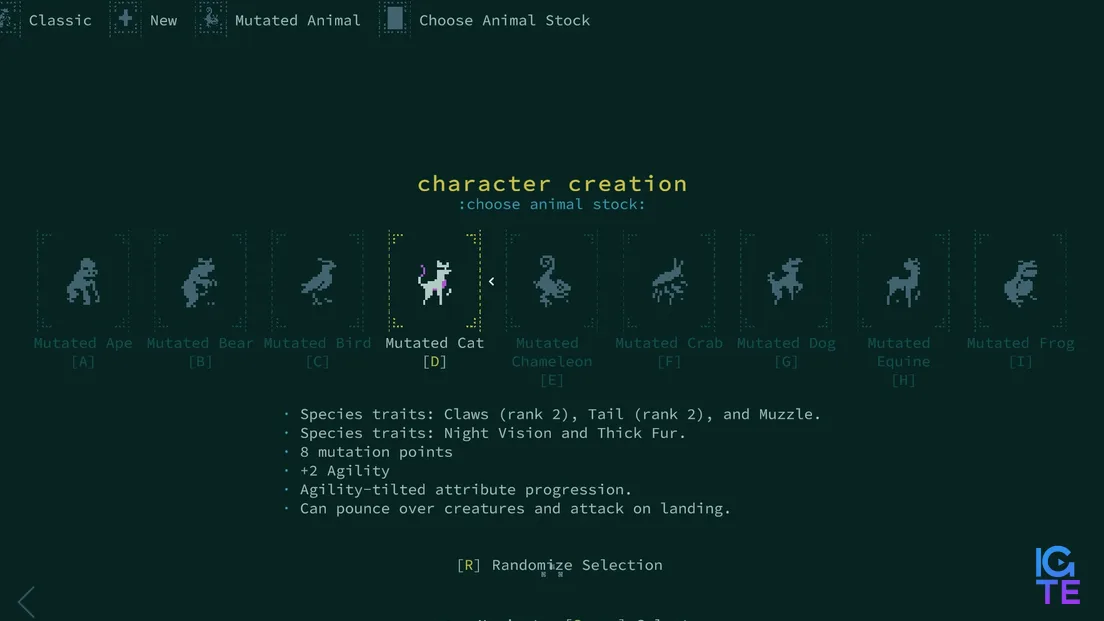 The character creation screen in Caves of Qud: Diaspora, showing the selection of potential base animal stocks that can be chosen while customizing a mutated animal character.