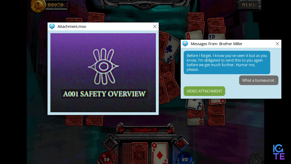 An instant message in Forbidden Solitaire's The Discarded DLC. A video plays in a PC window with a symbol for an eye.