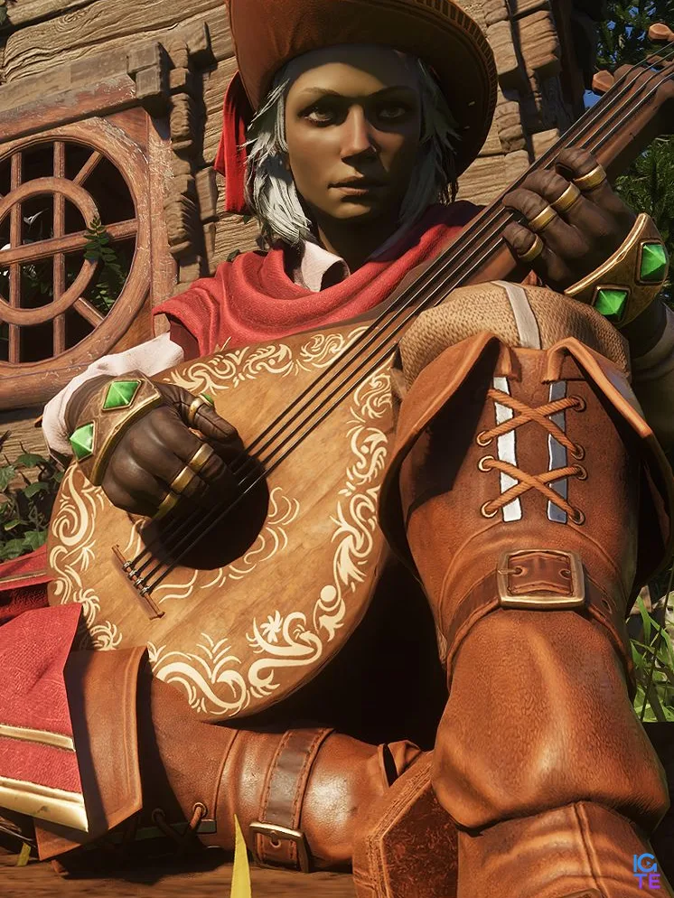 Enshrouded - Character setting playing the ukulele while wearing the Flame Pact gear from Twitch Drops