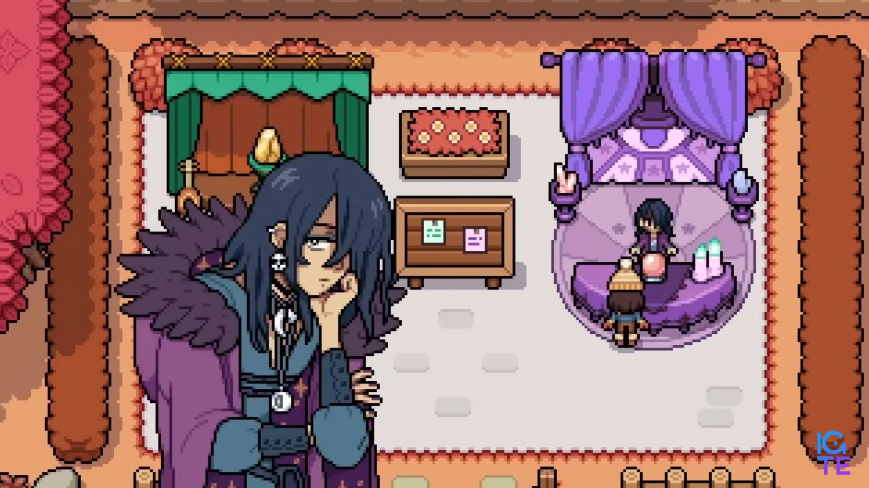 Fields of Mistria - Stillwell the merchant talks to the player at his Saturday Market stall