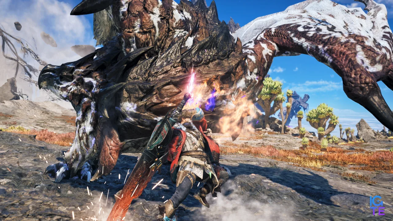 A hunter lunges at a Guardian Rathalos with a charged great sword attack in Monster Hunter Wilds: Ascendance.