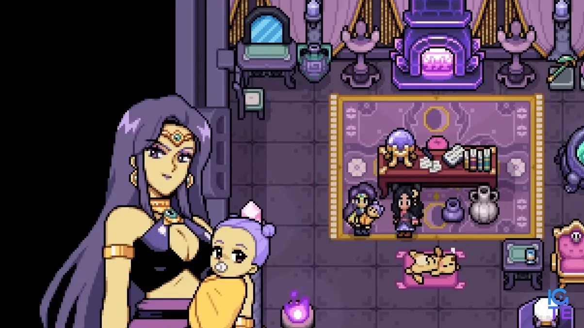 Fields of Mistria - Juniper holds a purple haired infant Rune in her arms while talking to her spouse