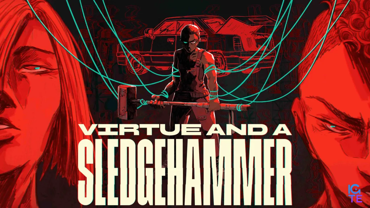 A figure bound with wires and wielding a sledgehammer stands between two half-occluded faces. The Virtue and a Sledgehammer logo is overlaid on top.