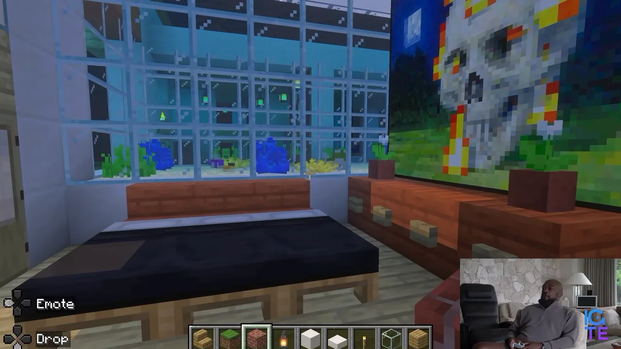 Tomlin showing an apartment with adjacent aquarium in his 12-year Minecraft city build.