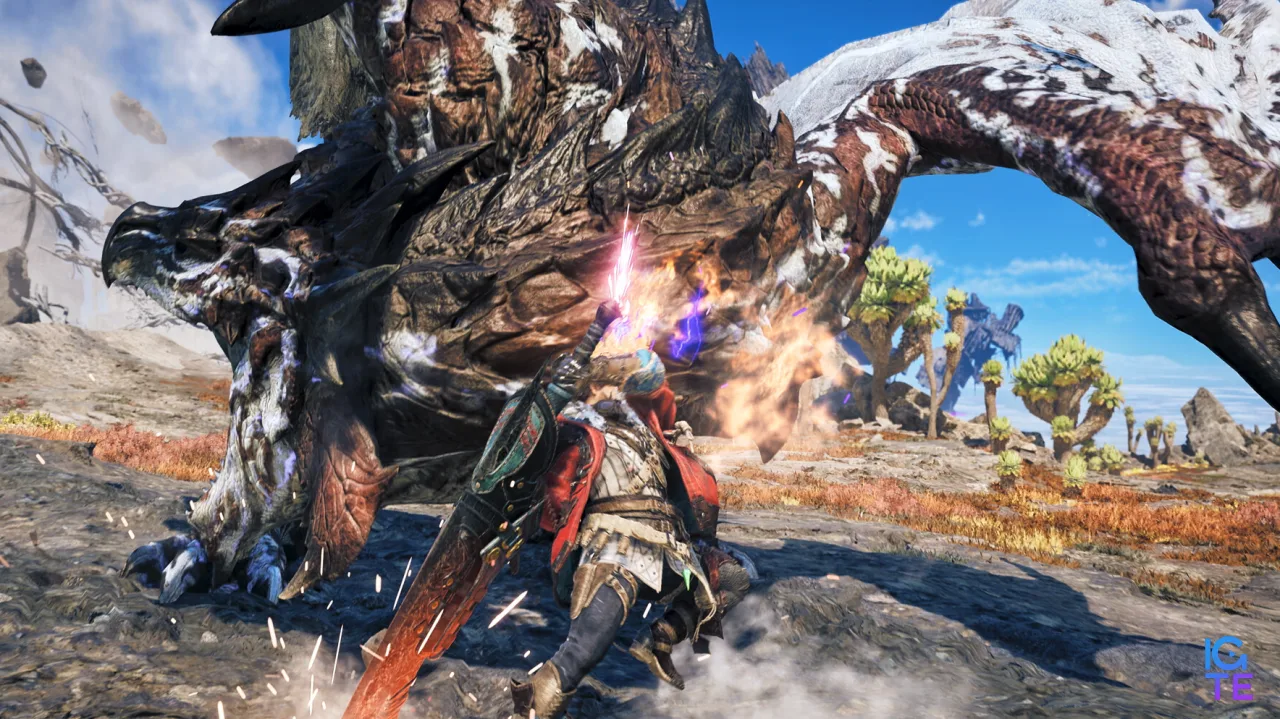 A hunter slashing at a Guardian Rathalos using a greatsword in Monster Hunter Wilds: Ascendance.