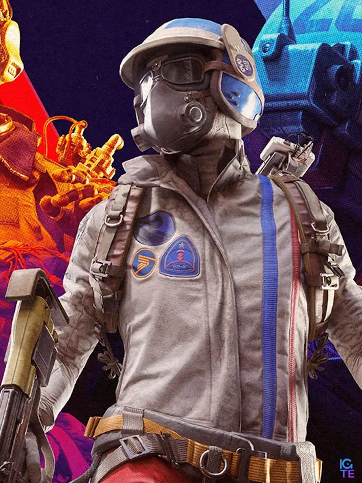 Arc Raiders: Key art for the game showing a character wearing makeshift armour and helmet, walking forward with a gun by their side. There are two more characters in the background overlayed by an orange and blue hue on the left and right respectively.