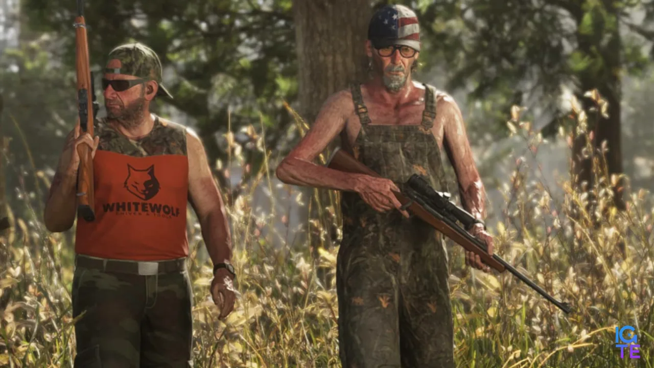 GTA 6 weapons: Two hunters walking through the woods with sniper rifles.