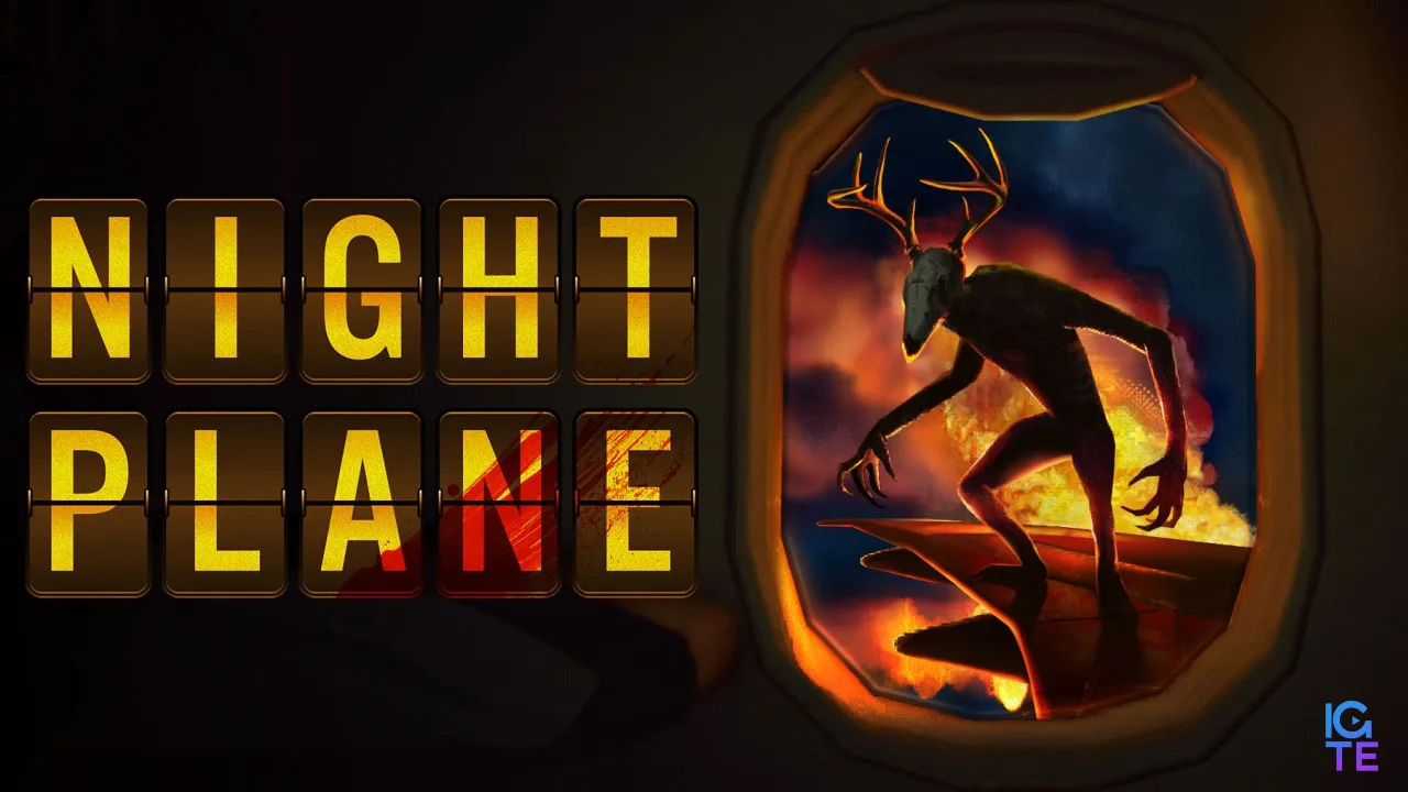A monstrous creature perched on an aeroplane wing. The Night Plane logo is on the left.