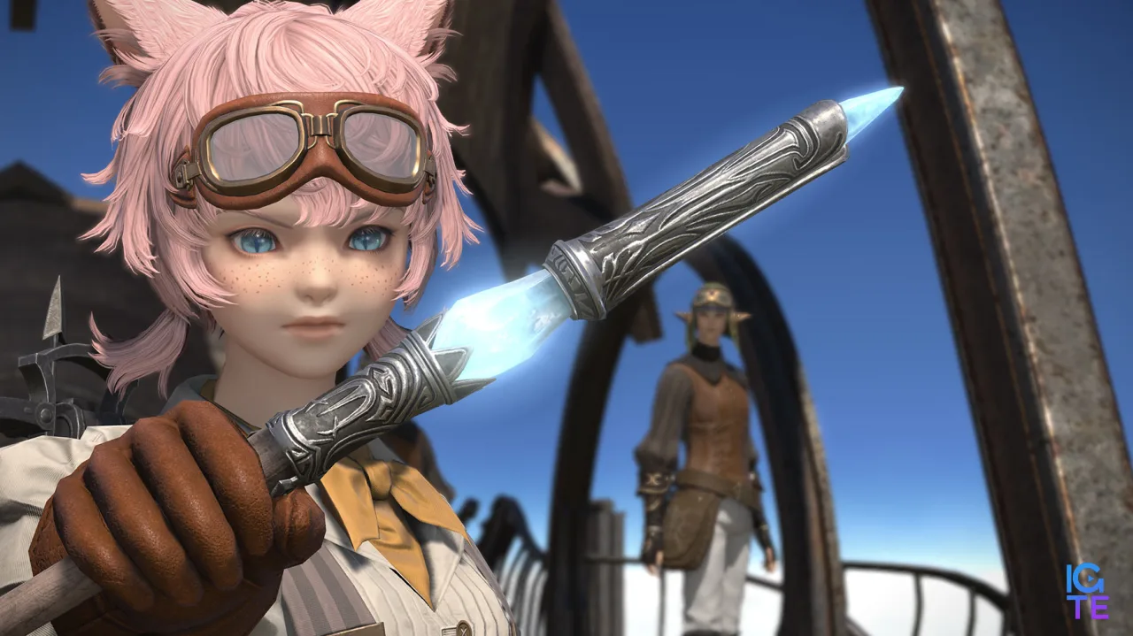 A catgirl from Final Fantasy 14 holds up her crossbow bolt. On her back is a visible crossbow weapon.