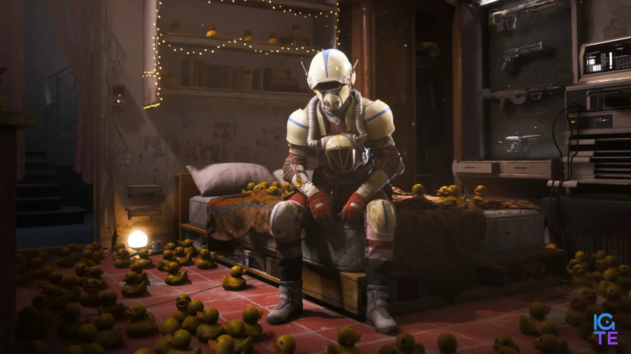ARC Raiders: рейдер у біло-синіх обладунках сидить на краю ліжка в оточенні гумових качок.