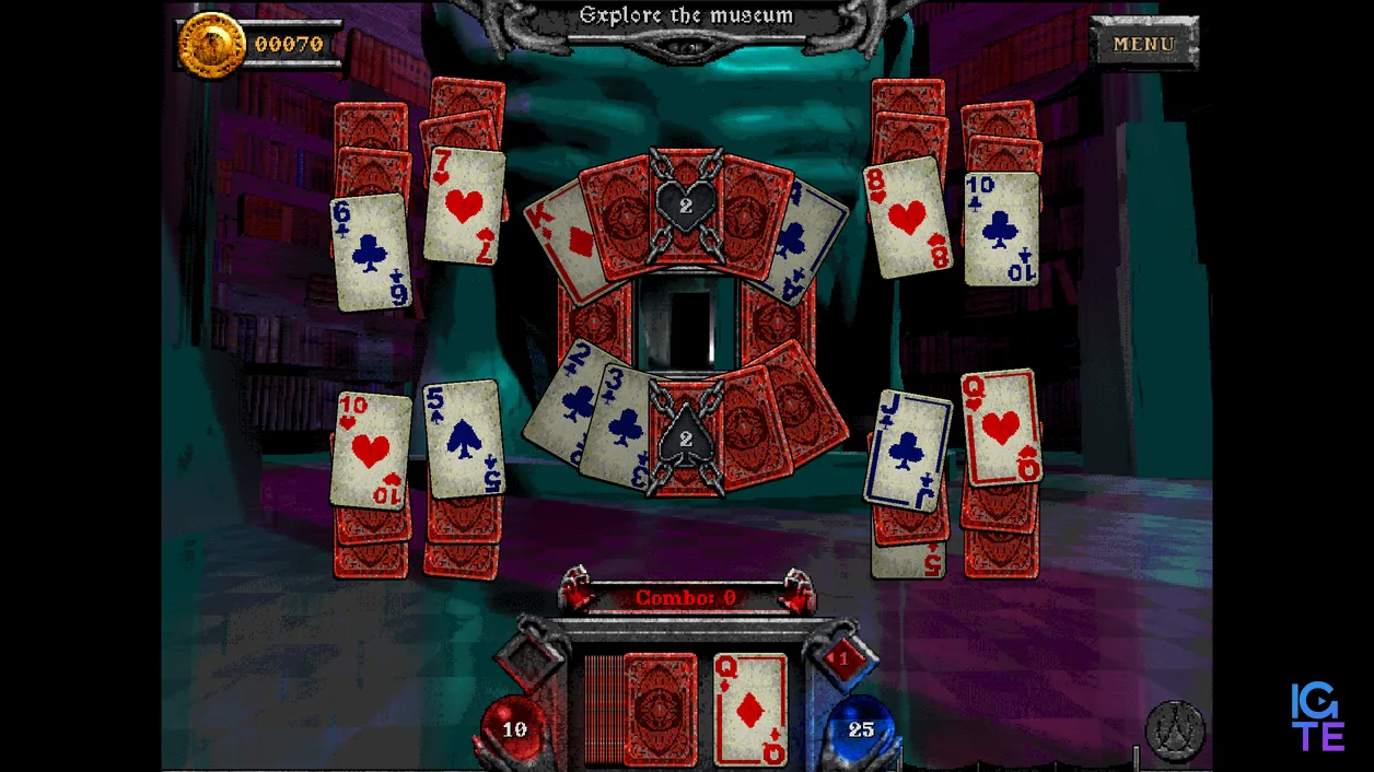 A solitaire tableau in Forbidden Solitaire's The Discarded DLC with chains wrapped around cards indicating a specific suit.