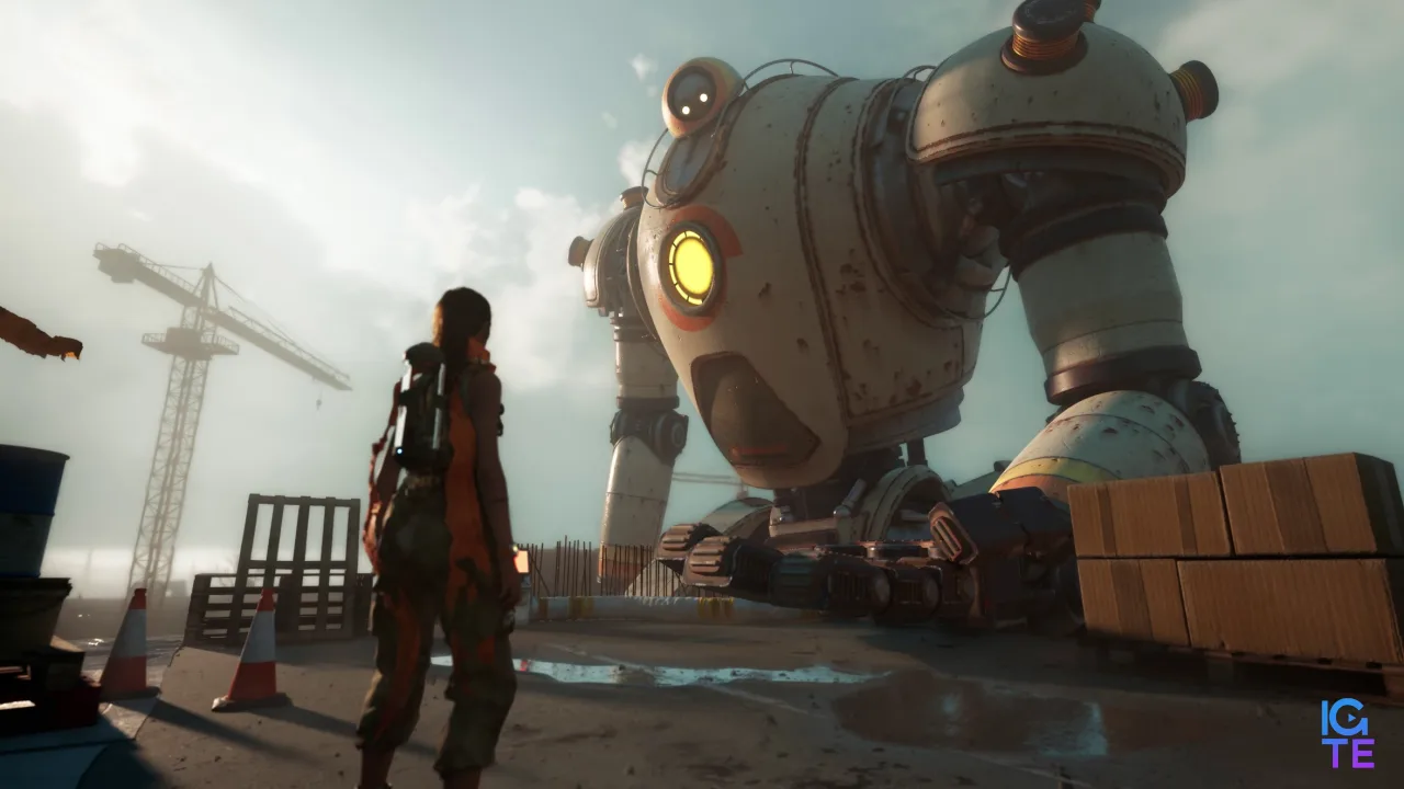 Giant robot looking at person