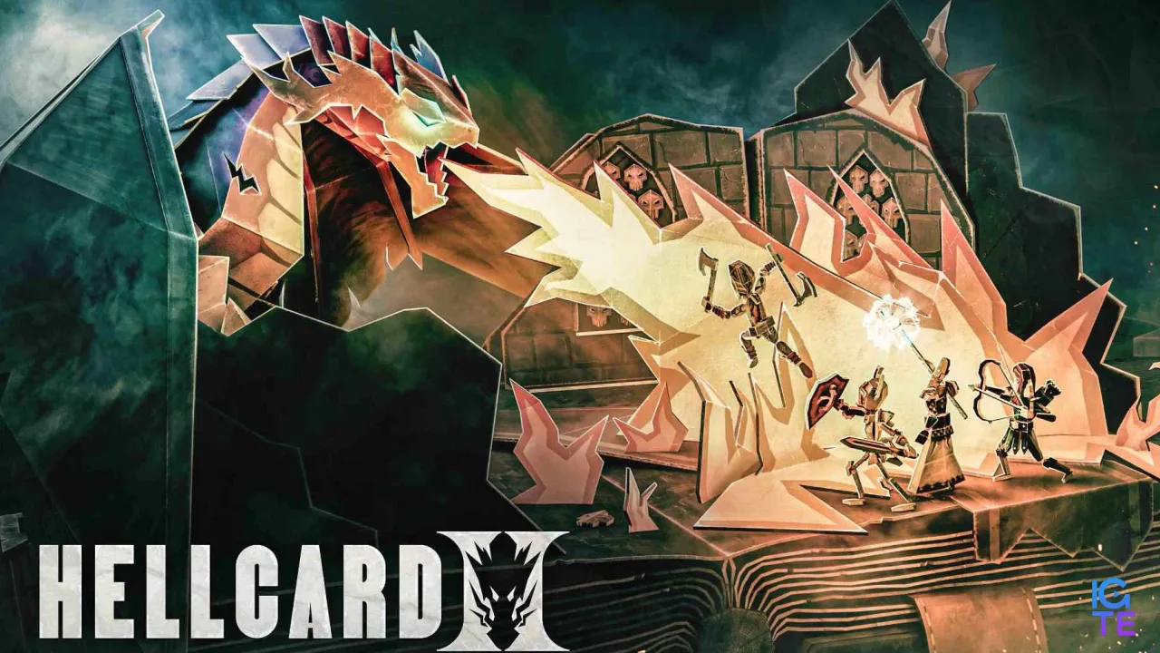 Artwork of warriors fighting dragons. The Hellcard 2 logo is shown.