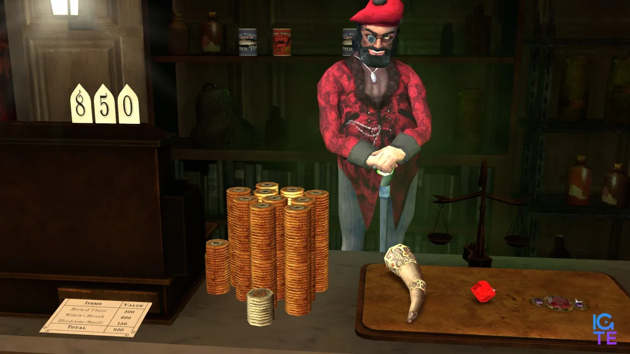 Red-Clad Gloomwood merchant standing before table full of treasure