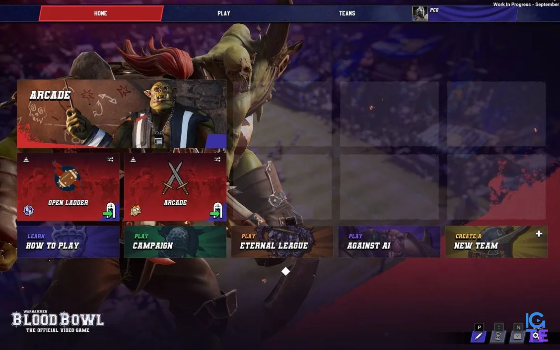 Екран меню з Warhammer: Blood Bowl playtest beta