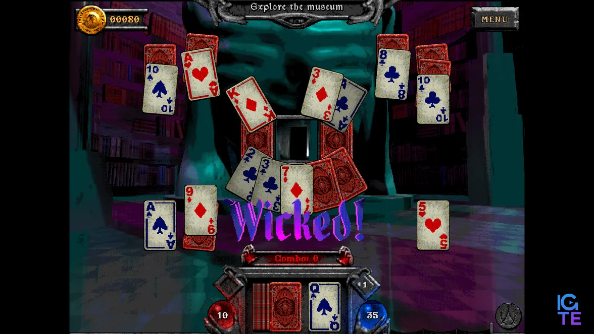 A solitaire tableau in Forbidden Soltaire's The Discarded DLC with crunchy '90s-inspired graphics and WICKED! in purple text at the bottom of the screen.