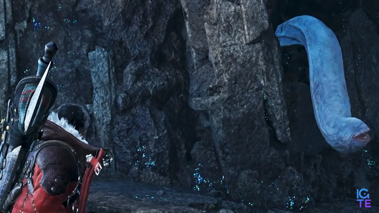 Khezu extending its neck to seek prey in Monster Hunter Wilds: Ascendance.