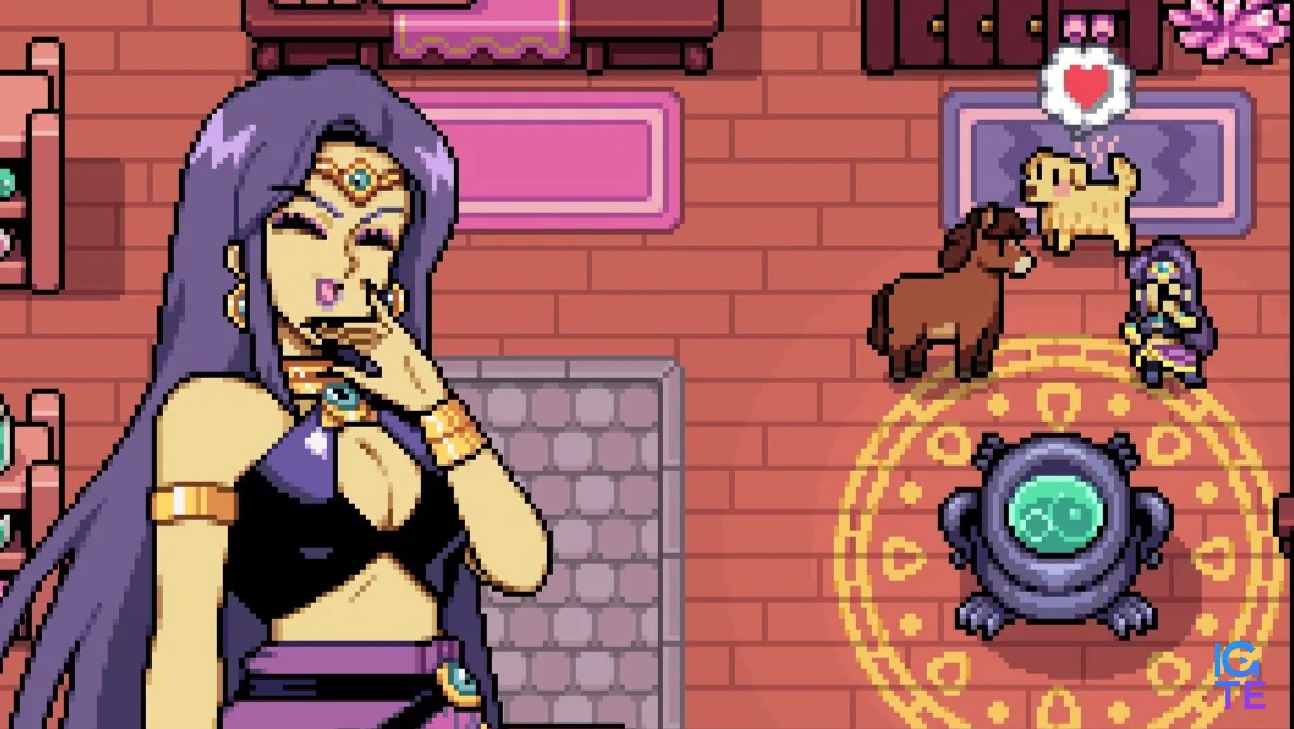 Fields of Mistria - Juniper laughs at the bathhouse at the player turned into a horse