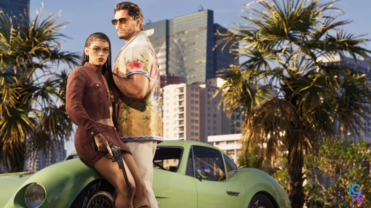 GTA 6 map: Lucia and Jason leaning against a classic car, with Vice City in the background.