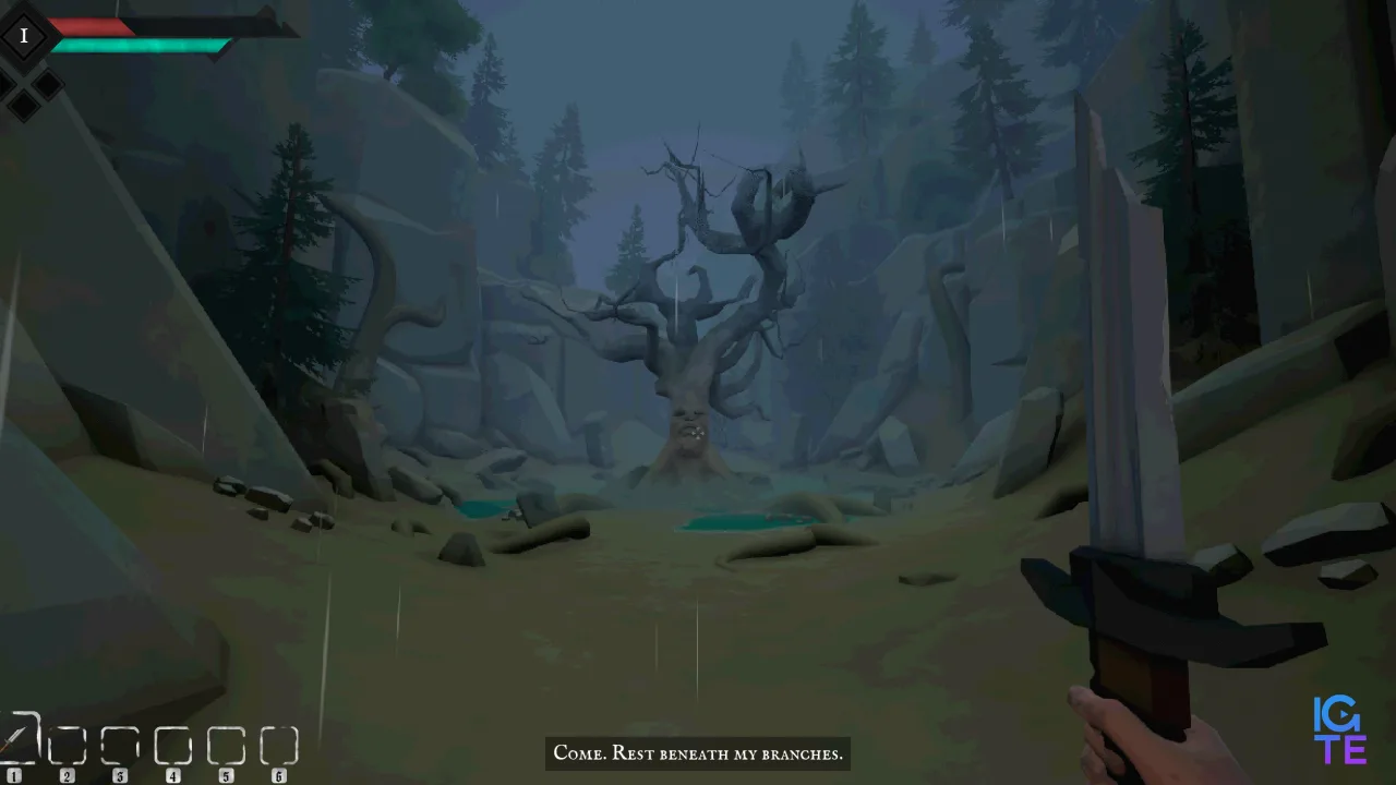 A twisted tree with a face carved into it sits in the middle of a ravine.
