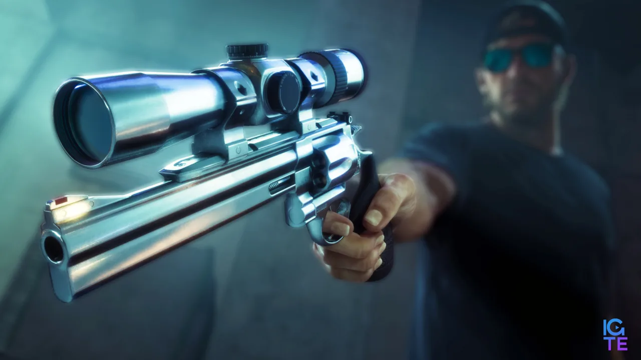 GTA 6 weapons: Jason holding his modifier Morgan revolver, aiming downwards.