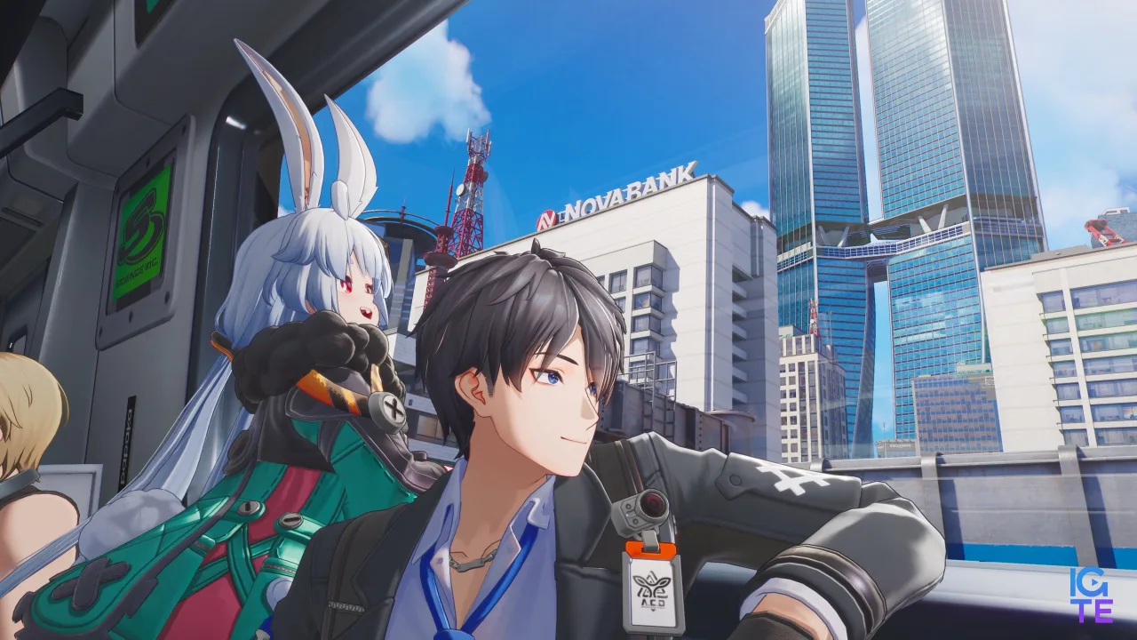 Ananta - The Captain and a bunny girl character look out a train window at glass sky scrapers in a city