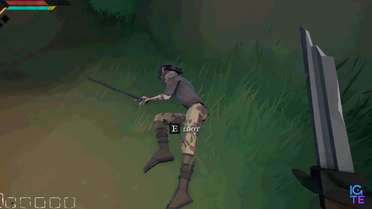 A screenshot of A Short Quest. The bloody body of a recently slain guard lies on the grass.