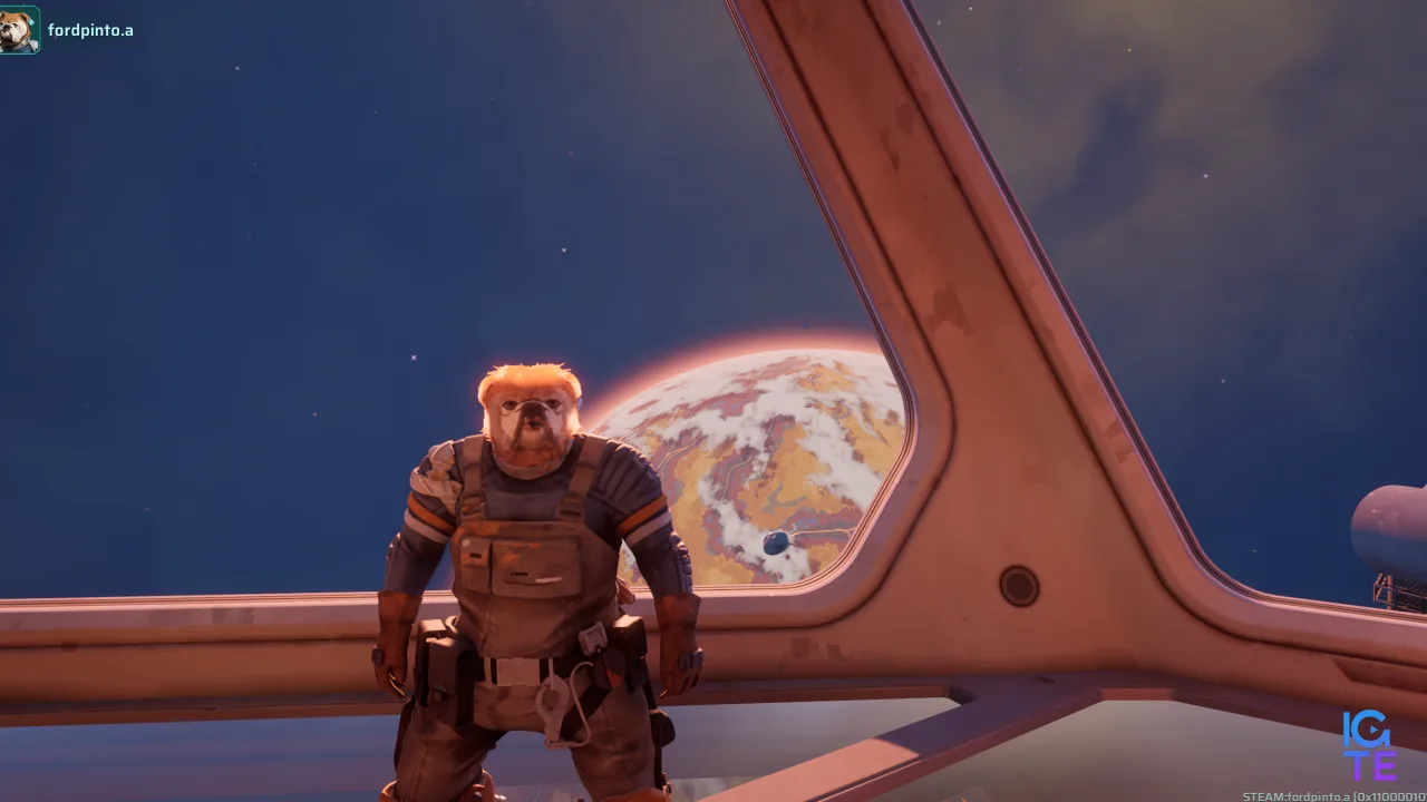 Gravhounds screenshot showing a person with a dog head on a spaceship.