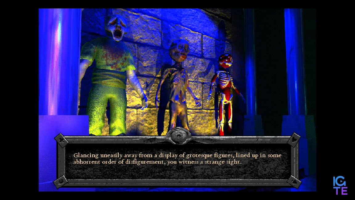 Three tortured figures stand against a wall in a scene in Forbidden Solitaire's The Discarded DLC.