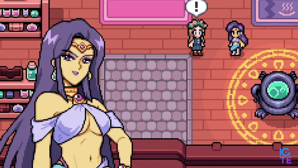 Fields of Mistria - Juniper looks smug while the main character is shocked while they talk at the bathhouse.