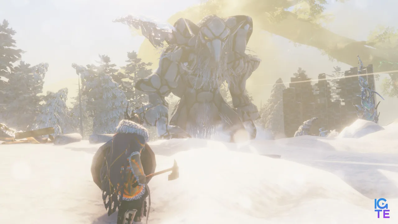 Viking looking at approaching gammeltroll in snow