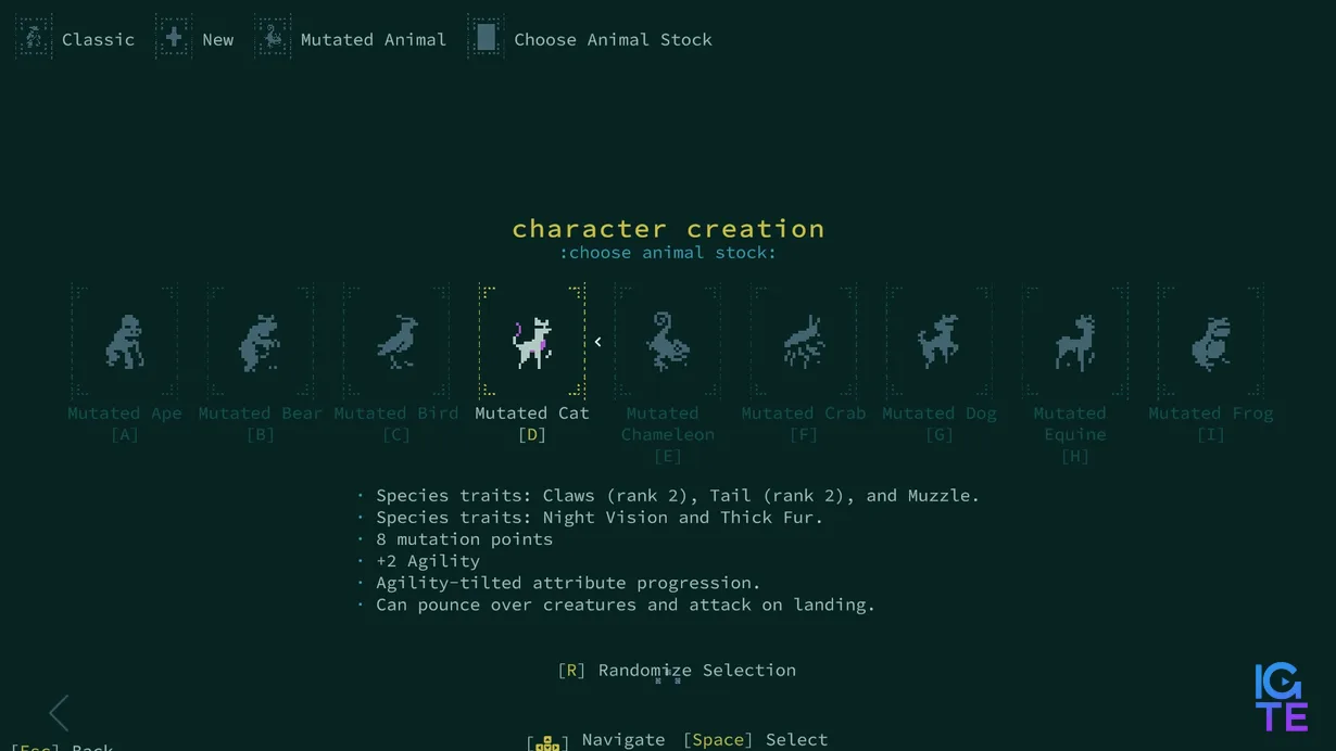 The character creation screen in Caves of Qud: Diaspora, showing the selection of potential base animal stocks that can be chosen while customizing a mutated animal character.