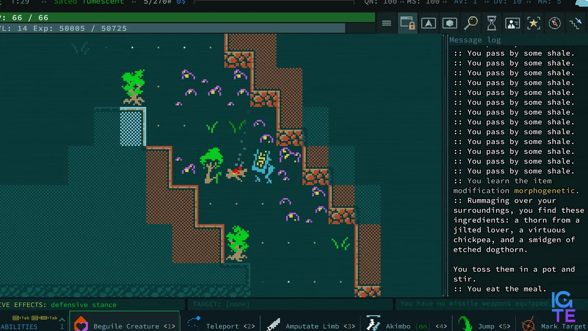 A sapient tree cooks a meal while adventuring in Caves of Qud: Diaspora.
