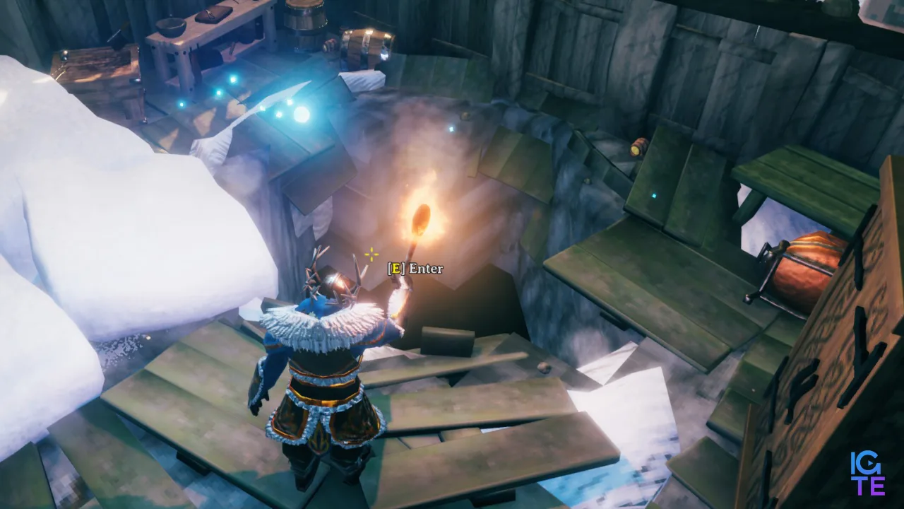 Viking holding torch over hole in floor