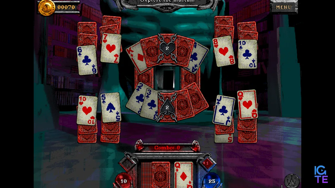 A solitaire tableau in Forbidden Solitaire's The Discarded DLC with chains wrapped around cards indicating a specific suit.