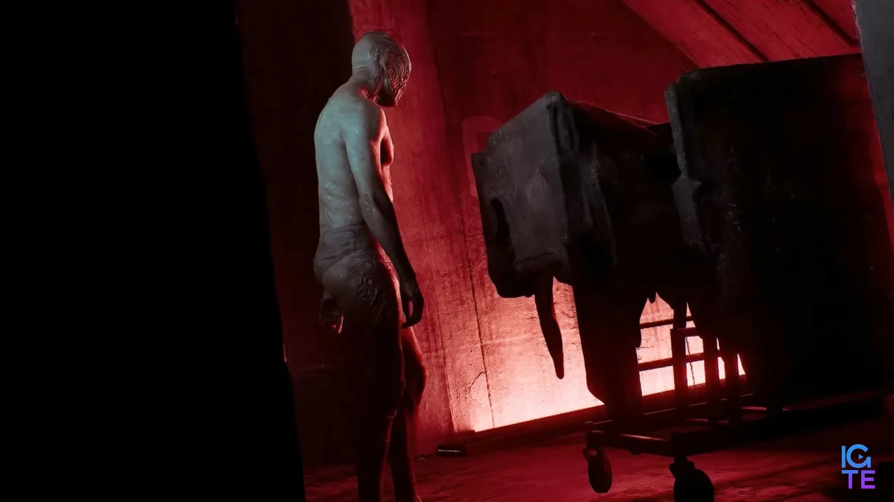Silent Hill Townfall - A humanoid monster with its back to the camera in a dark room