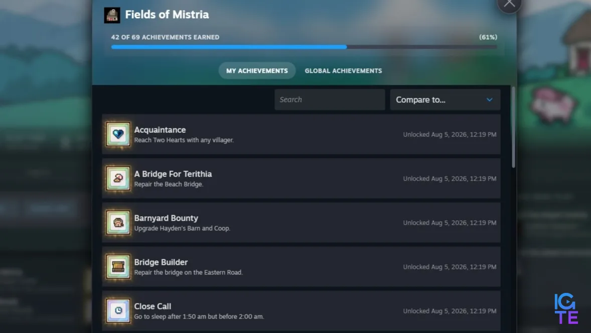 Steam library display for Fields of Mistria achievements list