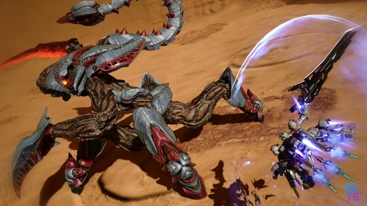 A Gundam attacking a giant scorpion-like creature in Gundam Rogue Orbit.