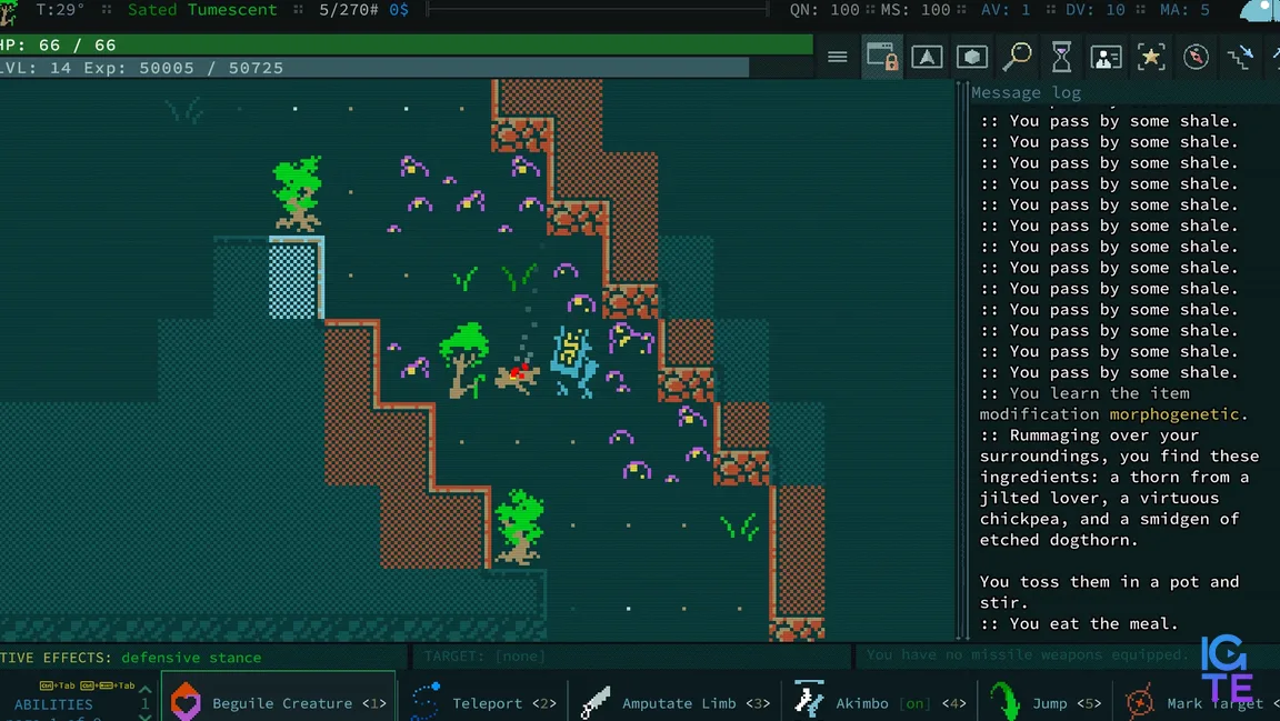 A sapient tree cooks a meal while adventuring in Caves of Qud: Diaspora.
