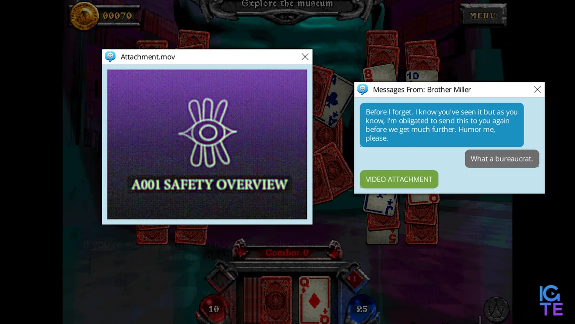 An instant message in Forbidden Solitaire's The Discarded DLC. A video plays in a PC window with a symbol for an eye.