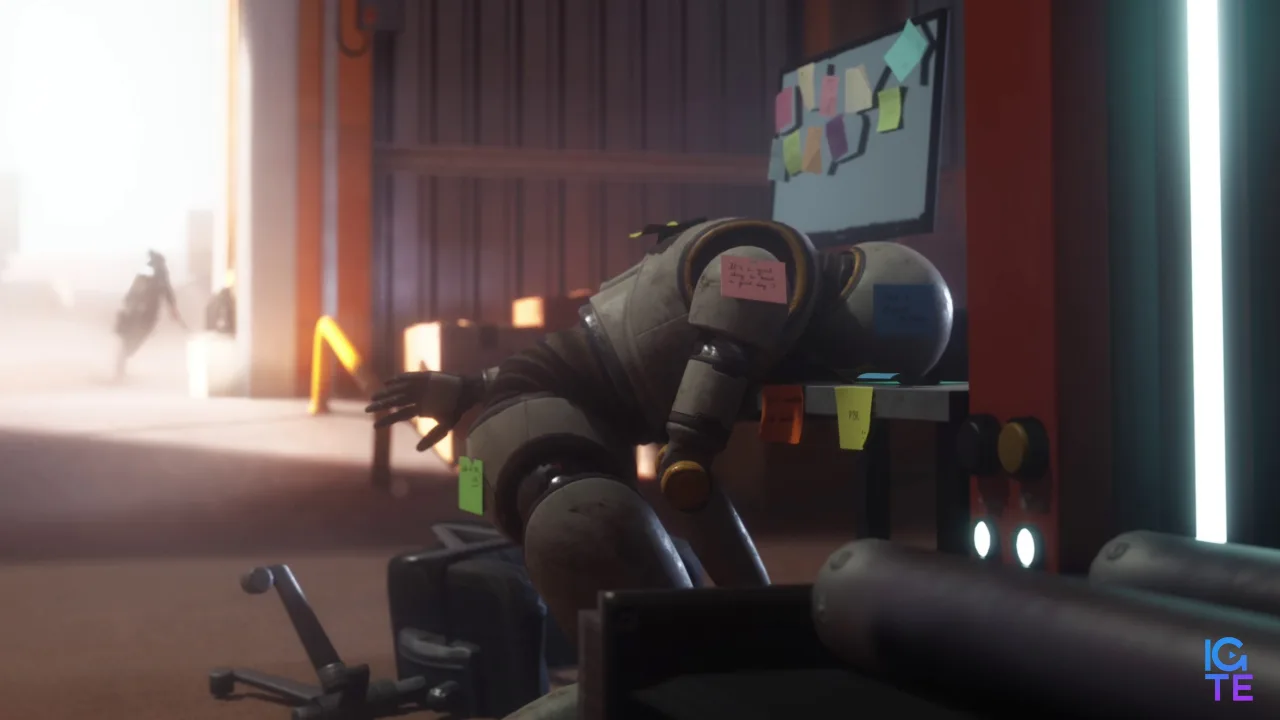 Robot slumped over desk