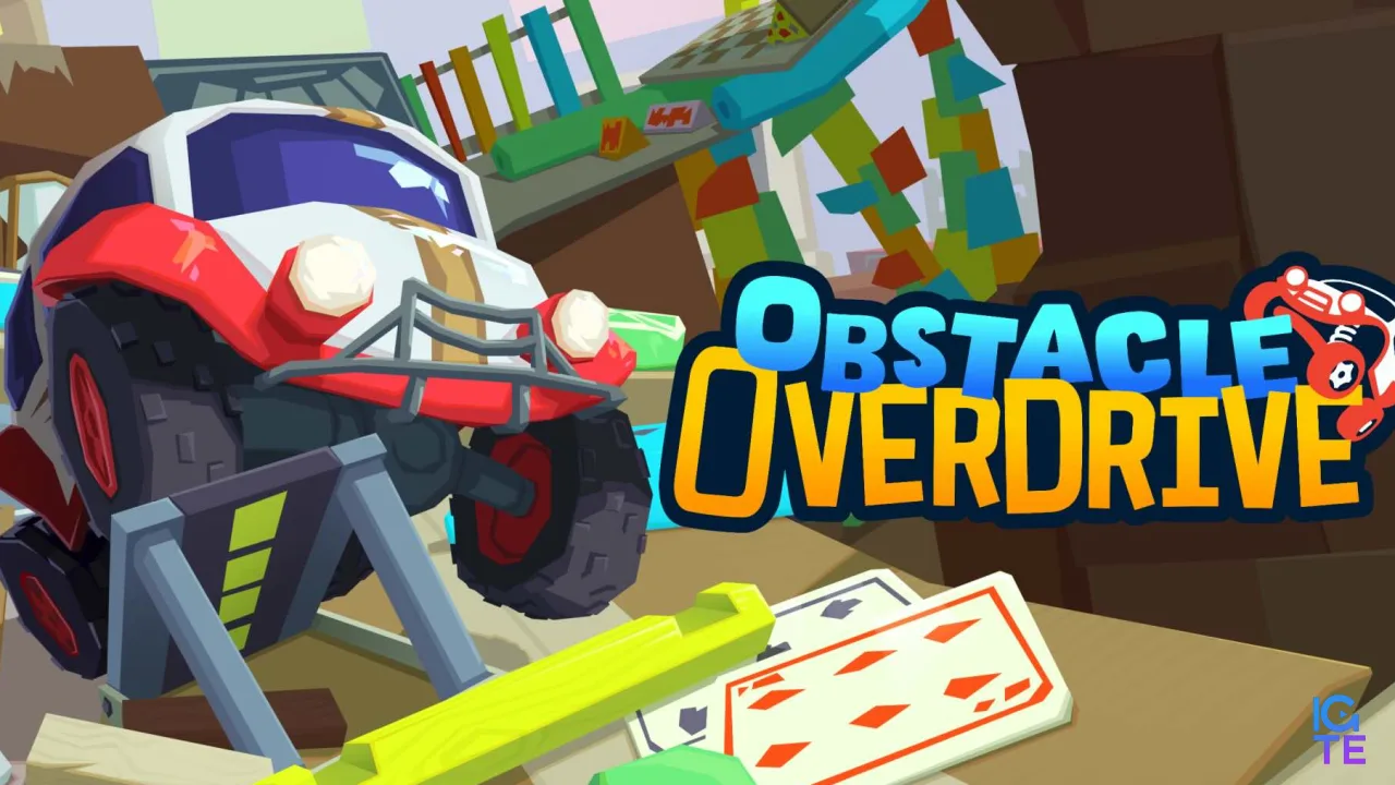 A small car races through a domestic environment. The Obstacle Overdrive logo is shown.