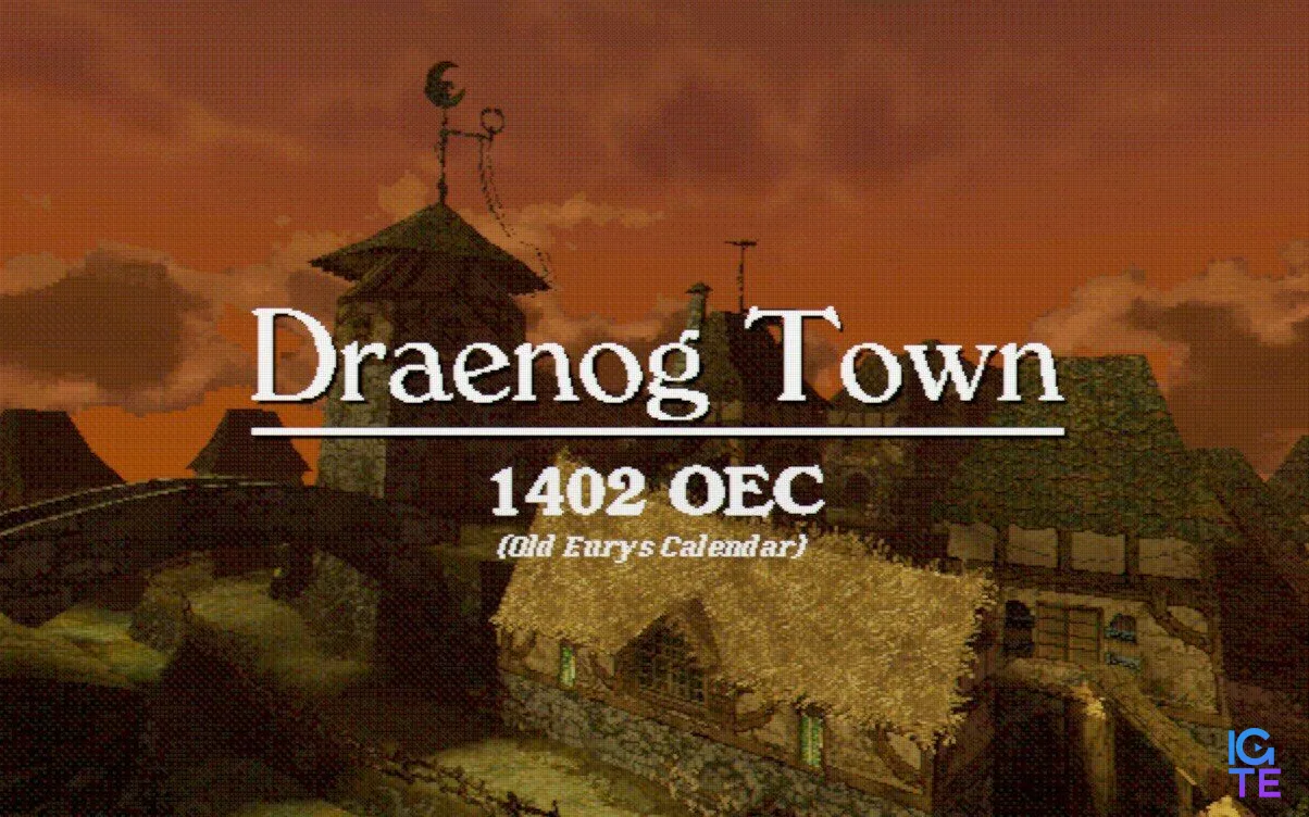 Entropy screenshot title card of "Draenog Town 1402 OEC" over view of town